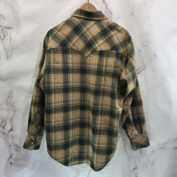 West Wool Shirt Mens XL Long Yellow Green 70s Pearl Snap Plaid Western Point - Picture 5 of 12